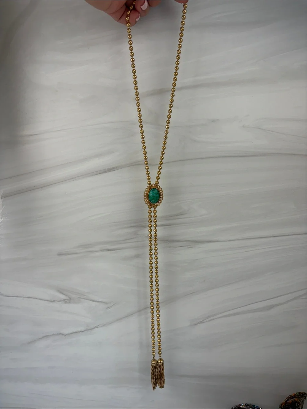 Gold Bead Lariat Necklace with Green Stone Accent
